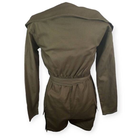 PRETTYLITTLETHING KHAKI/ARMY GREEN UTILITY TIE WAIST BARDOT ROMPER SZ.4 NWT. - Picture 8 of 11